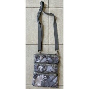Le SportSac  3-Zip Crossbody Bag Grey Pink Floral Adjustable Strap